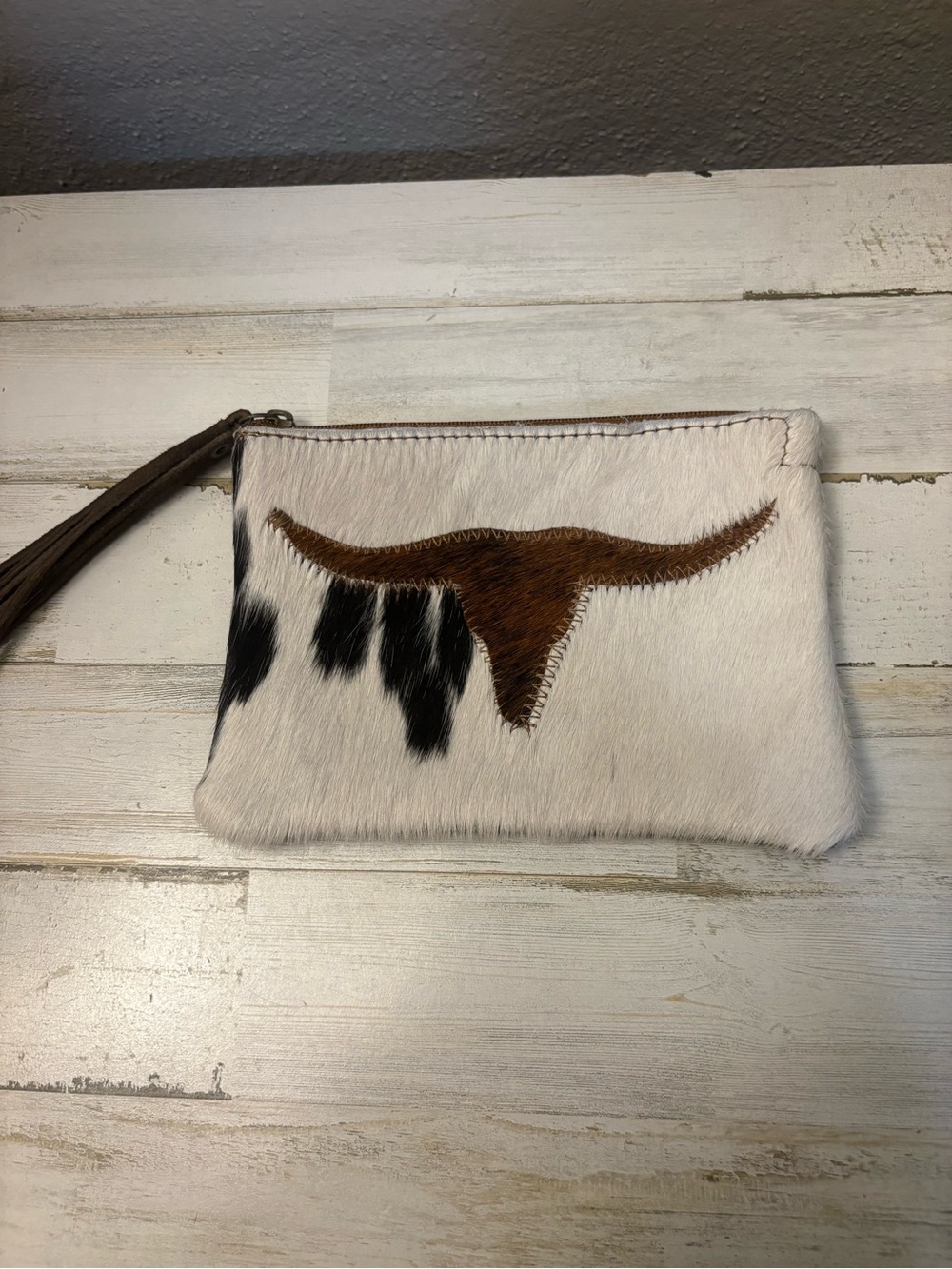 Cowhide Longhorn Cosmetic Wristlet Pouch in White and Brown made with cow hair